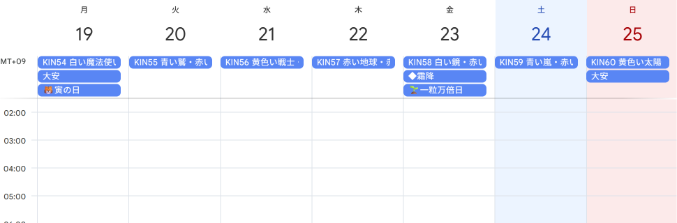 Googleカレンダーの週表示。毎日の欄にKINと大安・寅の日・一粒万倍日が並んでいる